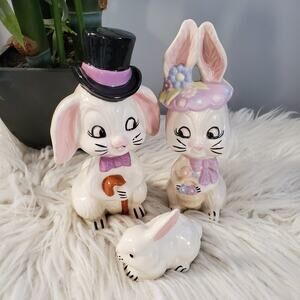 Mr. & Mrs. Bunny and Baby Bunny Ceramic Figurine Set